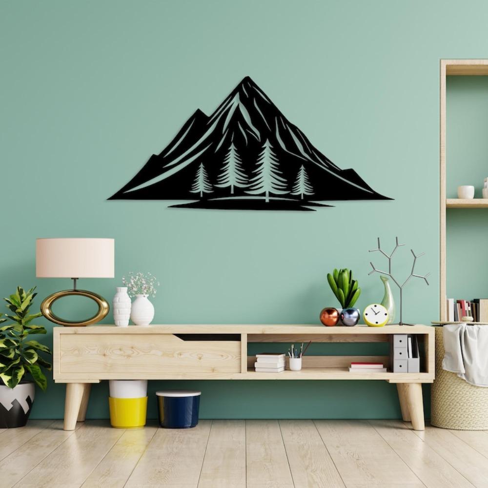 Laser Cut Metal Wall Art Mountain and Pine Tree Decor for Living Room Modern Black Steel Nature Landscape Artwork 22 Inch