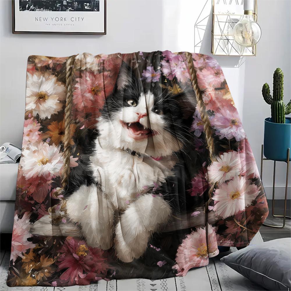 Calico Cat and Flowers,pattern Flannel Blanket, High quality Comfortable for All Seasons, Home Decor, Warmth and Comfort, Perfect for Gifts.