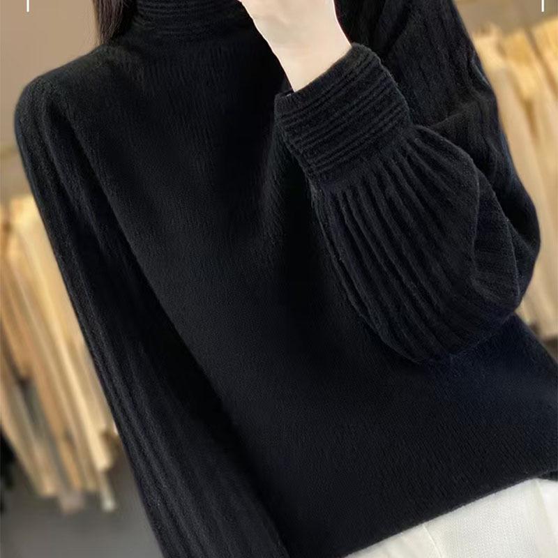 Women's Slimming High Neck Wool Sweater with Puff Sleeves - Autumn/Winter Versatile Solid Color Fashion