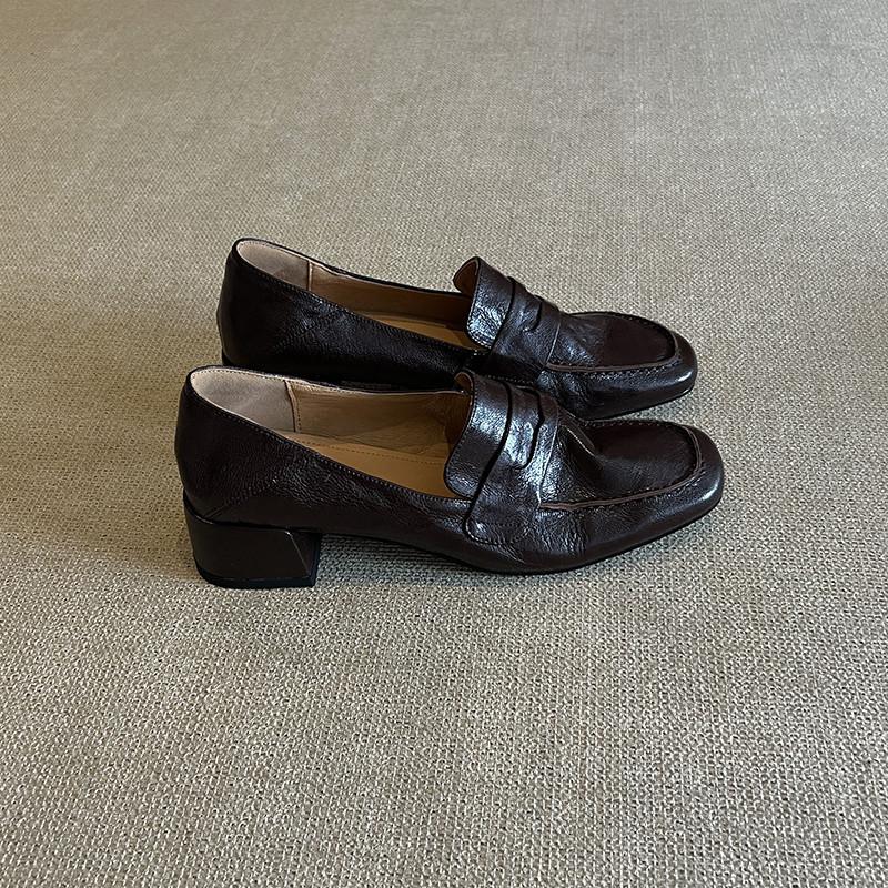 Cowhide version square head loafers women's 2025 spring and autumn new one-pedal casual small leather shoes high heel French single shoes women