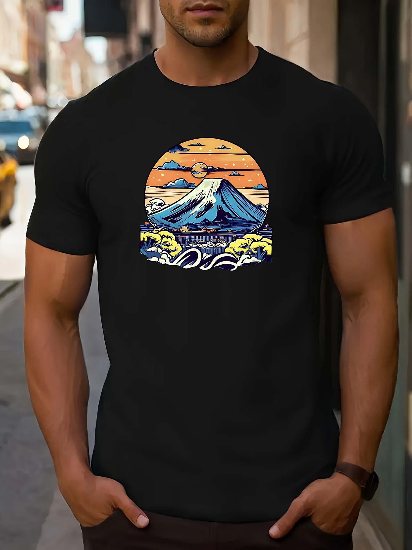 

Casual Short Sleeve T-shirt with Mountain and Ocean Design S