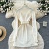Spring Autumn Women Full Sleeve Turtleneck Plaid Knitted Sweater Mini Short Sheath Dresses with Belt
