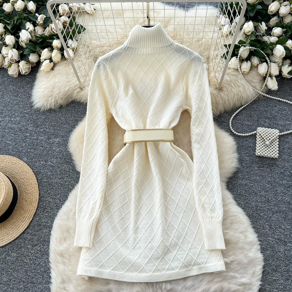 Spring Autumn Women Full Sleeve Turtleneck Plaid Knitted Sweater Mini Short Sheath Dresses with Belt