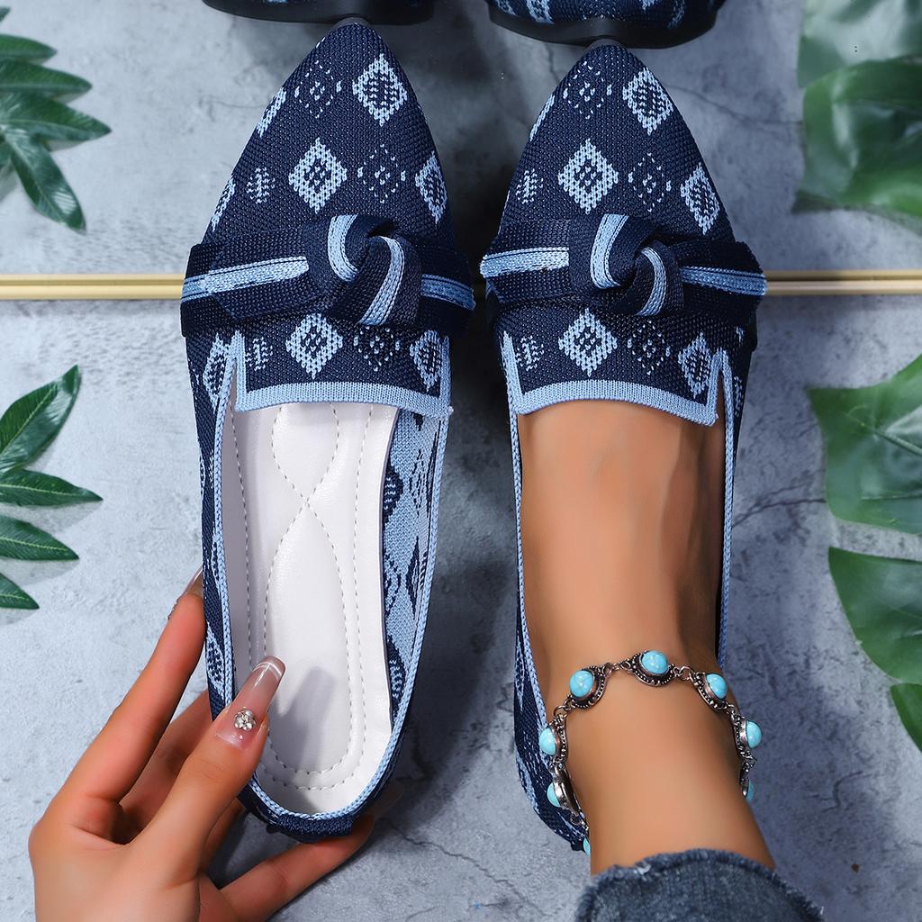 Women's Pointed Toe Flying Woven Loafers, Bow Decor Slim Fit Flat Shoes, Casual Slip On Daily Ladies Single Shoes