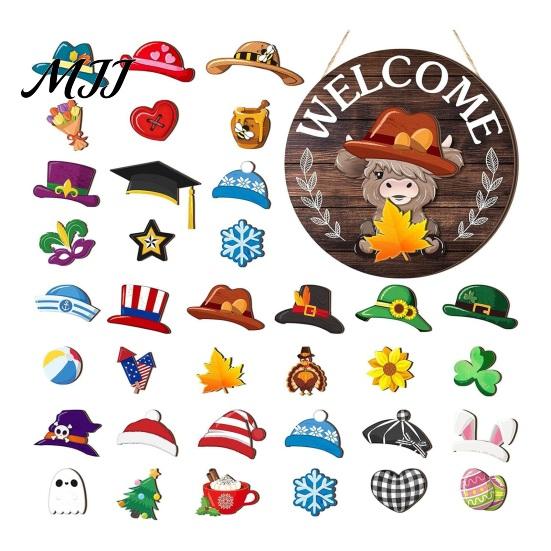 Festive Wooden Door Decoration 1 Set Interchangeable Welcome Sign with Seasonal Hat Accessories Gnome Hats Highland Cow Hanging Front Home