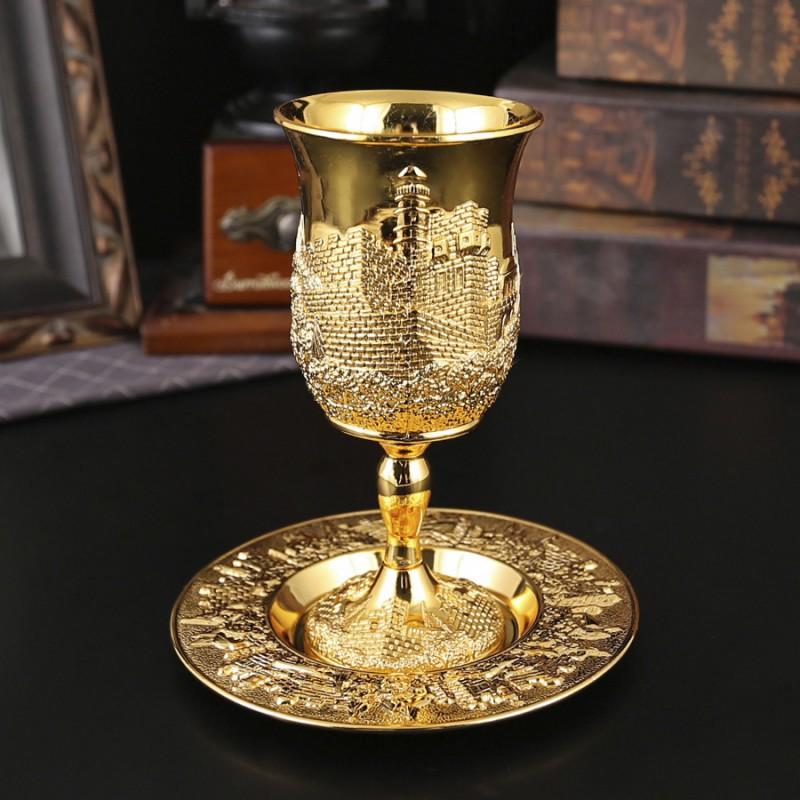 Elegant Zinc Alloy Shot Glass Set With Tray Vintage Style Whiskey Cup Home Bar Golden Finish 2-Piece Luxury