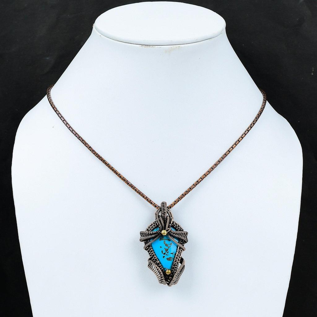 Irani Turquoise Gemstone Copper Wire Wrap Handmade Pendant Jewelry Gift For Love