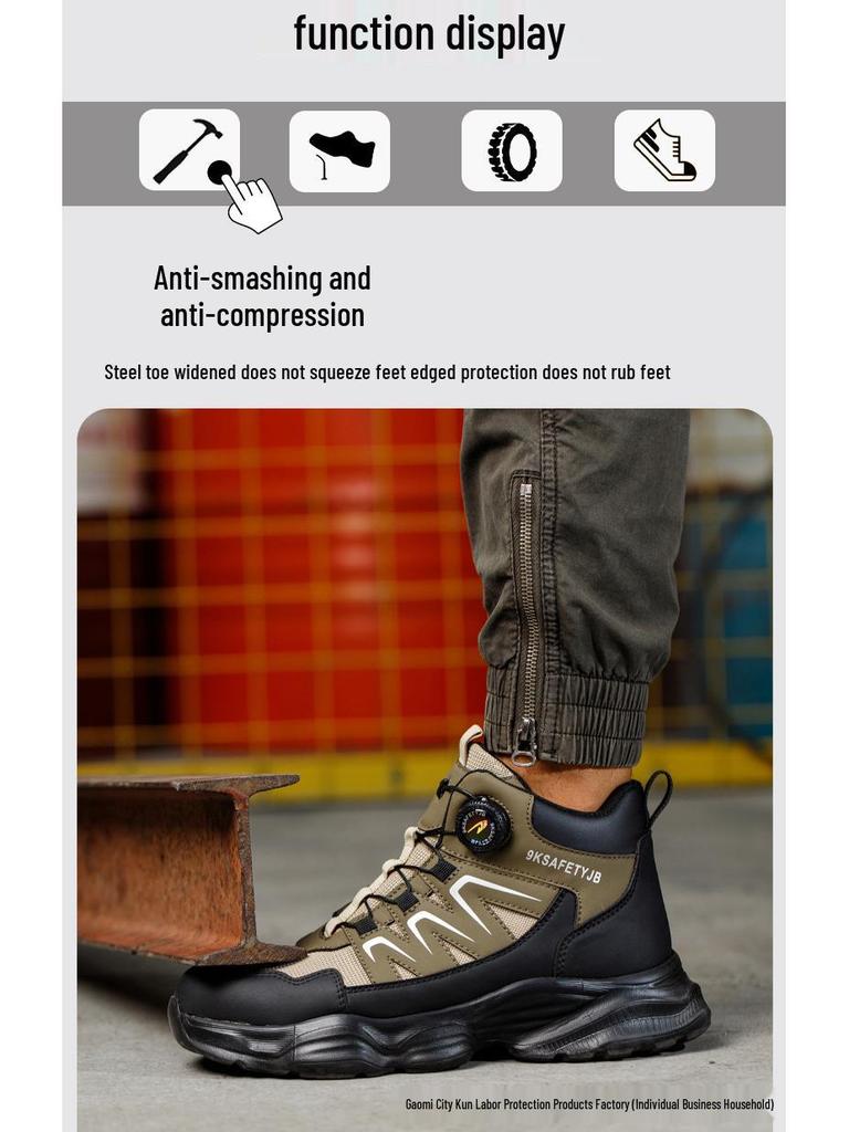 Men's High-Top Safety Boots: Anti-Smash, Anti-Puncture, Durable, Comfortable, Easy Button Closure for Work Protection