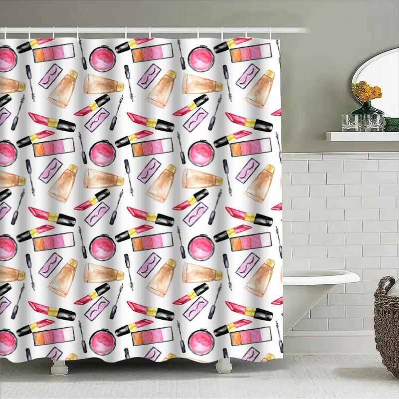 Watercolor Pink Lipstick Makeup Pattern Shower Curtain For Bathroom Decor Waterproof Fabric Print Bath Mat Decoration In Kitchen