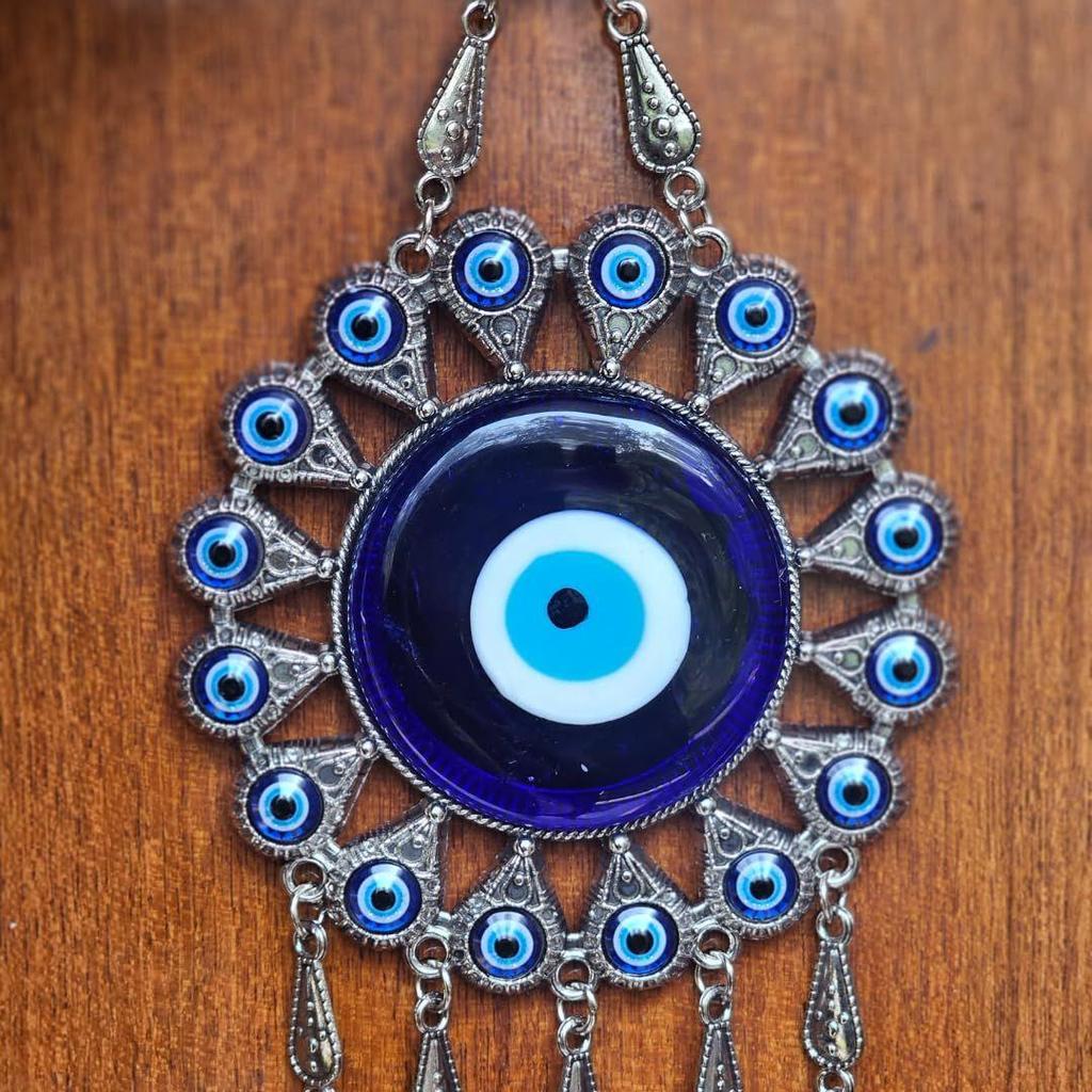 Silver Evil Eye Wall Hanging – Handmade Turkish Blue Nazar Amulet | Spiritual Protection Charm for Home & Office