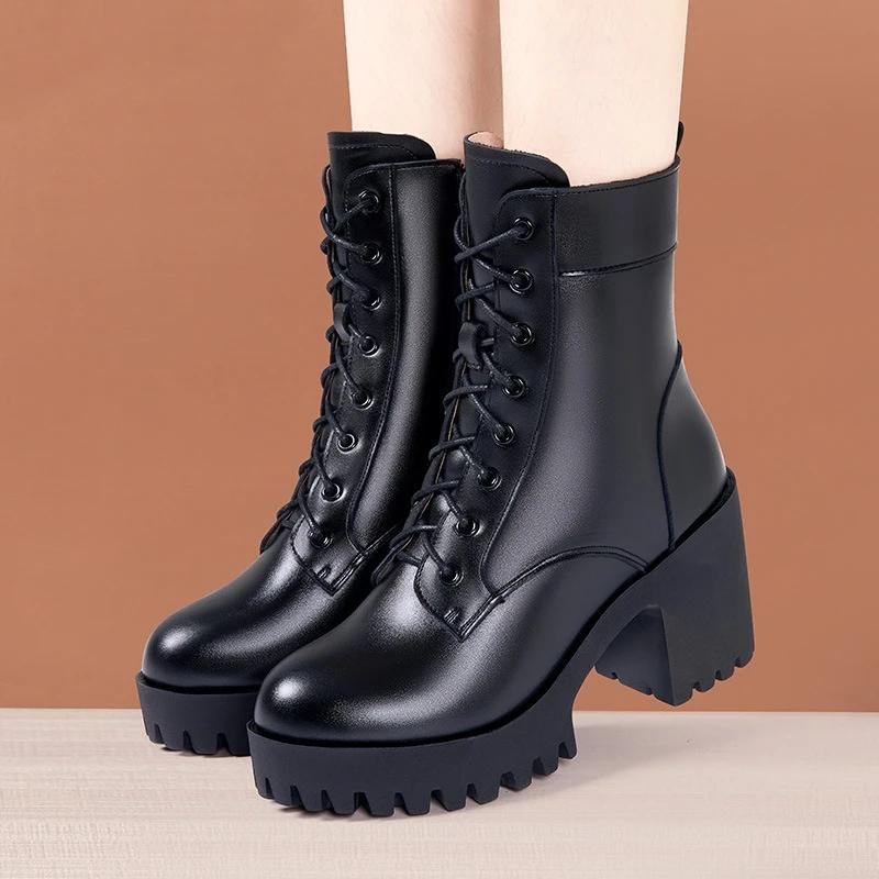 8cm Small Size 32-43 New Block High Heels Shoes Genuine Leather Boot Winter 2025 Thick Fur Wool Ankle Boots Office Model Mom