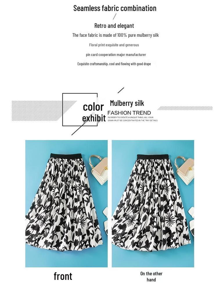 Elegant New Women's Summer A-line High-Waisted Double-Pleated Mulberry Silk Skirt