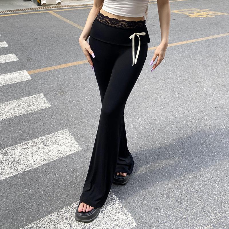 Jarní a podzimní dámské jednobarevné krajkové vsadky šněrovací ležérní rozšířené kalhoty