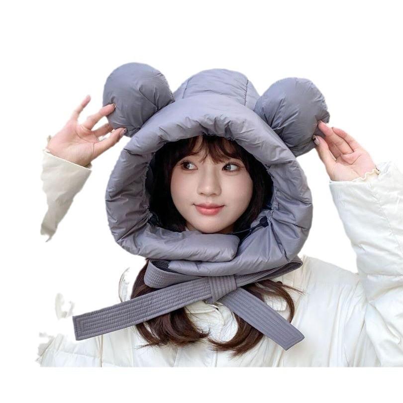 Autumn And Winter Cute Bear Ears Down Hat Women'S Northern Warm Ear Protection Lei Feng Hat Skiing Windproof And Cold Lace-Up