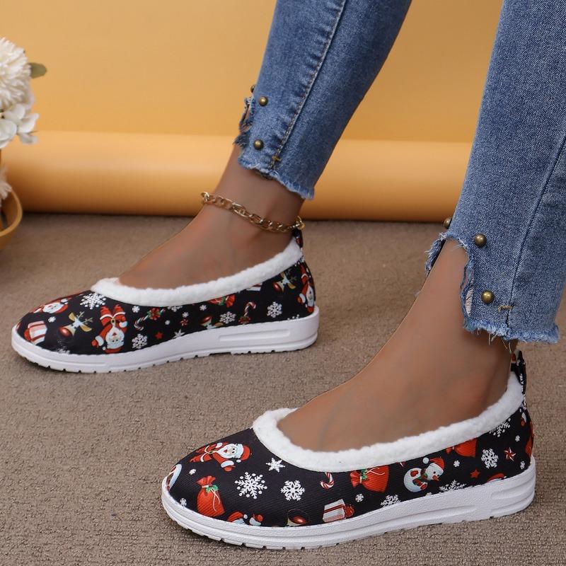 Flat single shoes women's autumn new Christmas elements plush shallow mouth casual women's shoes