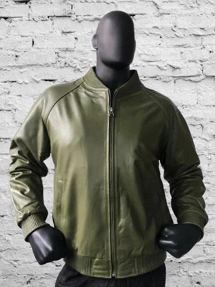 

Мужская кожаная куртка-бомбер Стильная из овчины Ручной работы Байкерская Мотоциклетная Дизайнерская 3XL оливковое зеленый