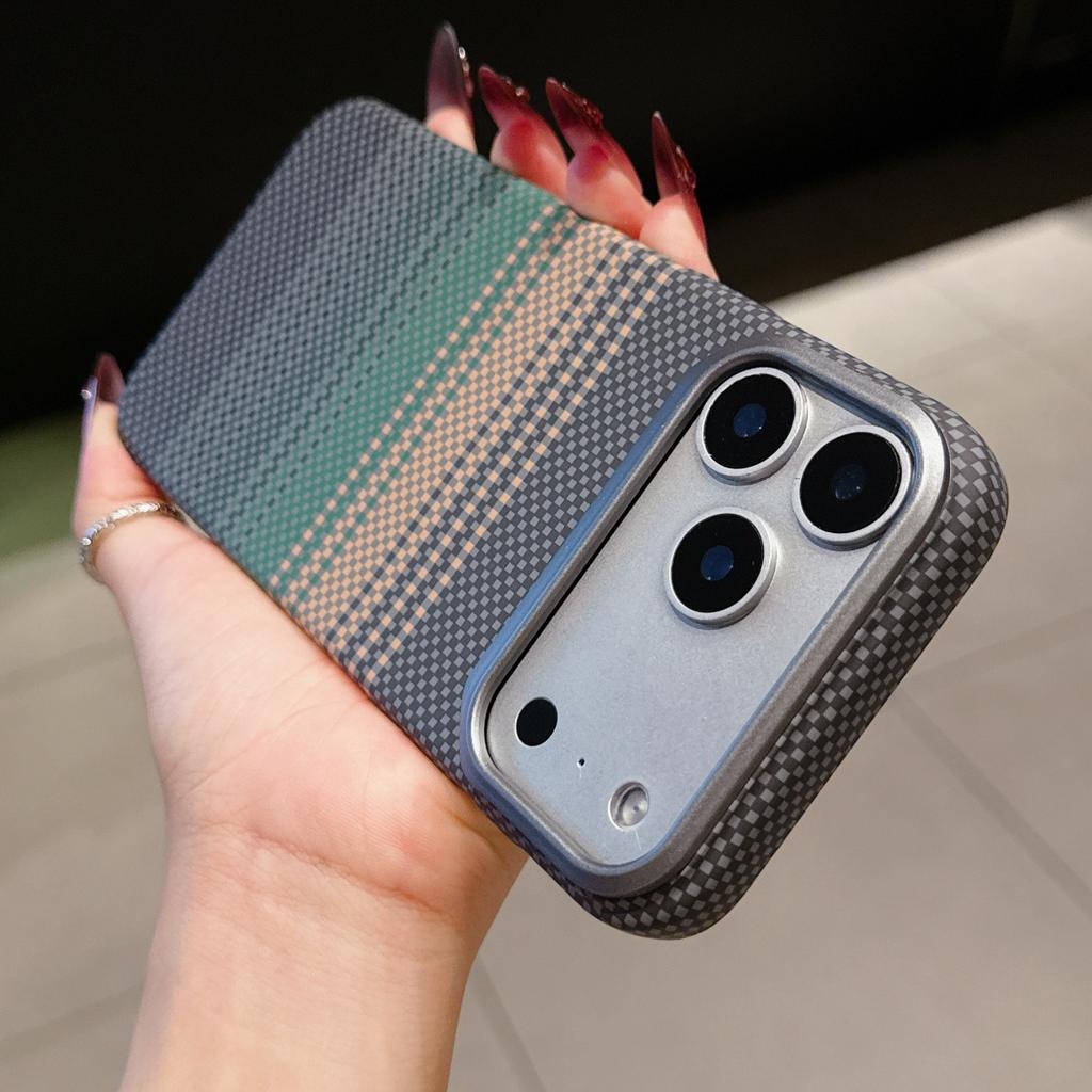 Carbon Fiber Kevlar Texture Phone Case For iPhone 17 Air 16 15 14 Plus 13 12 Pro Max 16E Metal Camera Frame Hard Plastic Cover