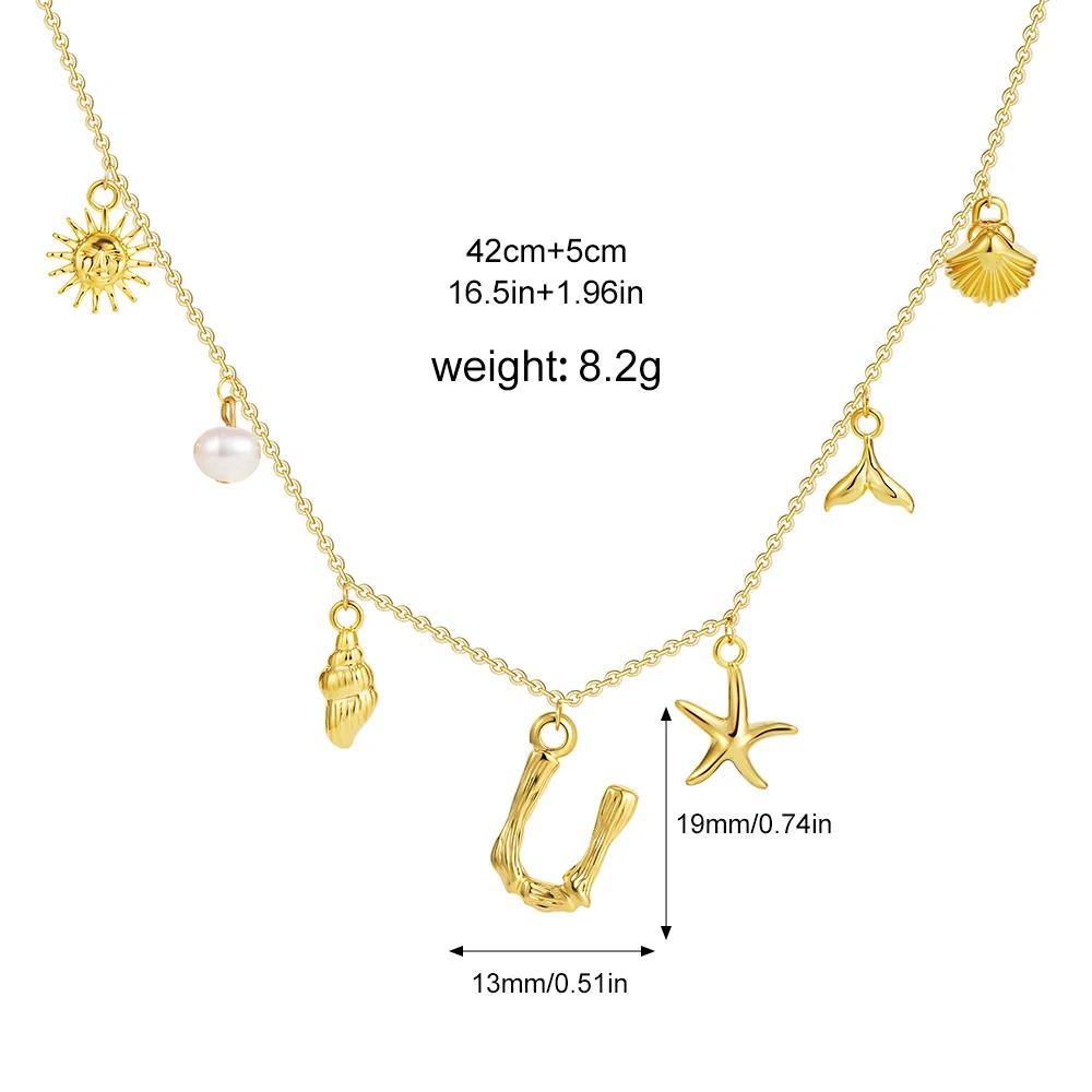 Boho A-Z Initial Letter Pendant Necklace Gold Color Beach Shell Starfish Pearl Necklace Women's Charm Jewelry Party Gift
