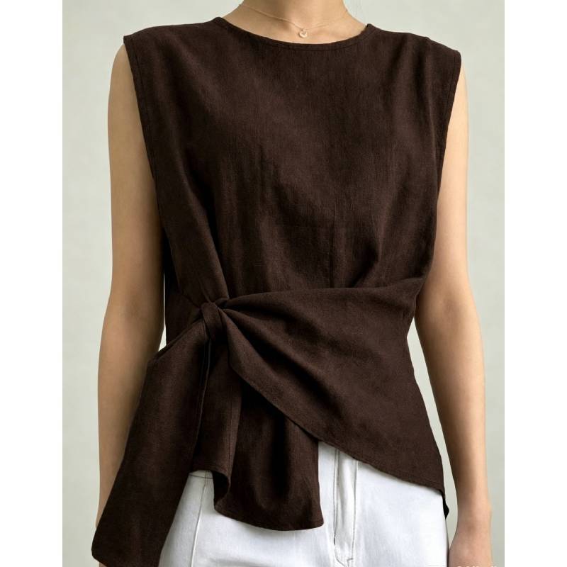 Camicetta senza maniche in poliestere con nodo frontale per moda casual estiva da donna