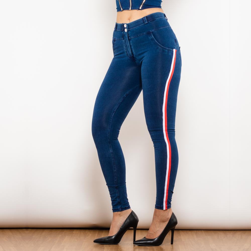 Shascullfites Melody Calça Jeans Listrada Lateral Branca e Vermelha Azul Escuro Cintura Média Elástica Calça Slim Reta Calça Levanta Bumbum