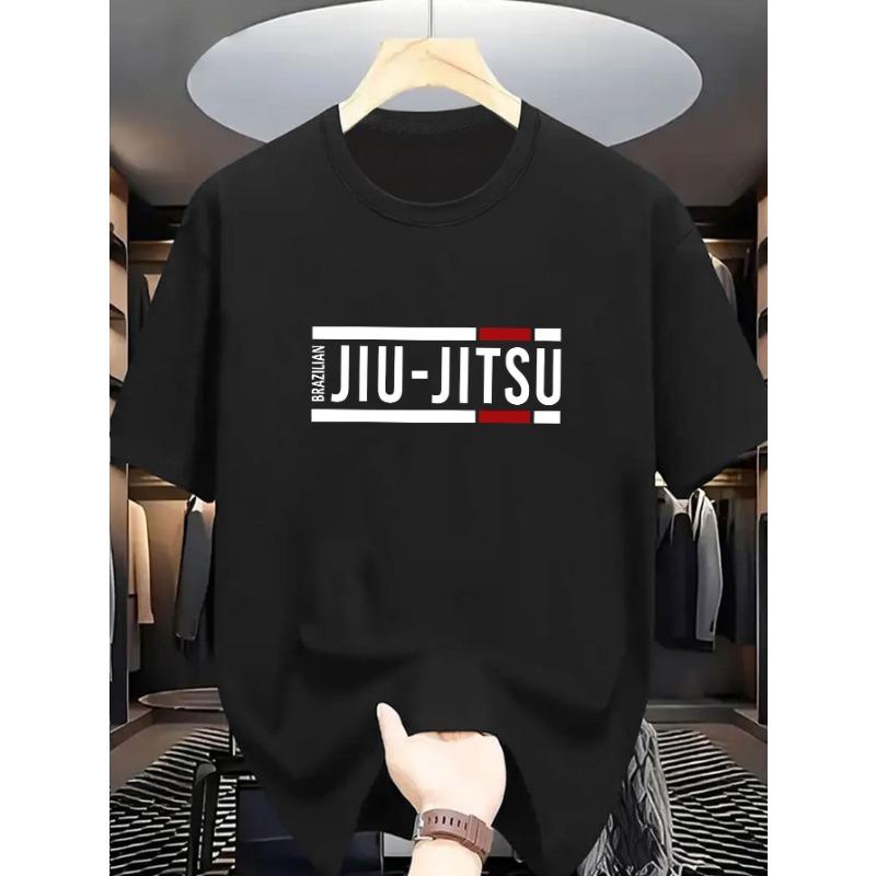 European Sizes Summer New JIU-SU Wrestling Club Print Classic Trendy Men's Casual Fashion Short Sleeve Slightly Stretch Ribbed Crew Neck