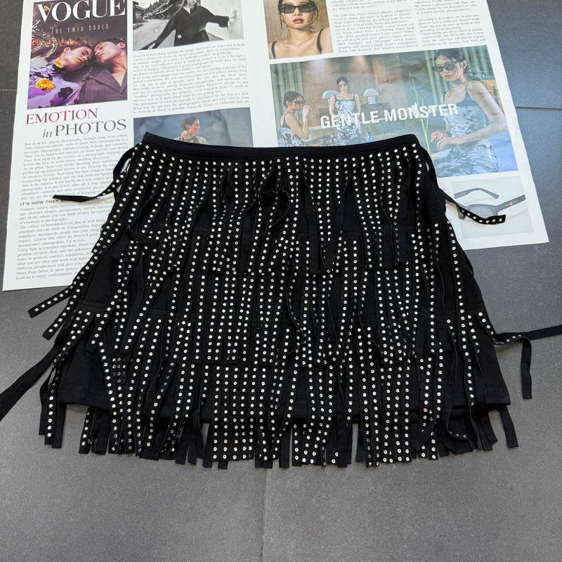 

Foreign Trade Order 1oavies Luxury Suede Surface Full of Crystals Tassel Black Skirt Cool Smart Skirt Black tassel M