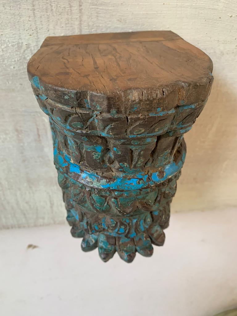 Carved Floral Wood Floating Shelf: Rustic Blue Wall Decor