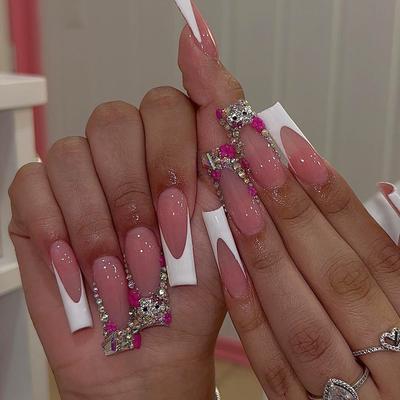 24 Pieces French White Edge Manicure Nail Patch European and American Flash Diamond Wearing Nail Nail Piece Nail Piece Long Nail Piece