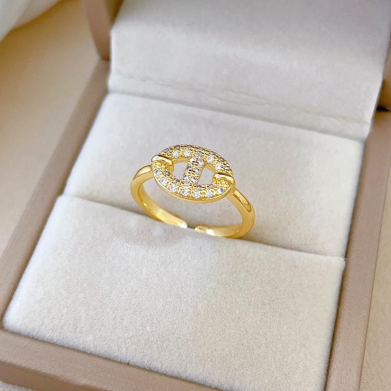 Real Gold Pig Nose Full Of Diamonds Ring Opening Adjustable Simple Jewelry Japanese Ring Couple Ring