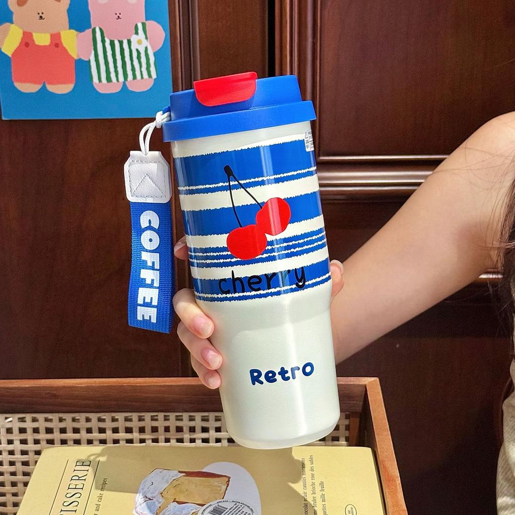 One cover double drink stainless steel thermos cup female high value large capacity portable ice cup cartoon cute water cup