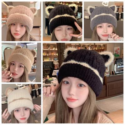 Solid Color Knitted Woolen Hat Keep Warm Cat Ear Skullies Soft Cat Ear Beanie  Girl