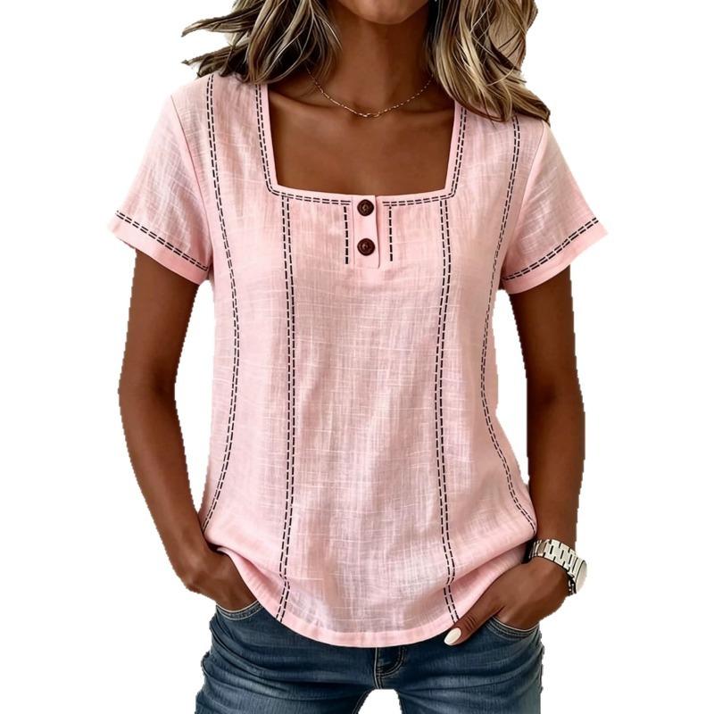 Women Casual Loose Printed Button Short Sleeve Blouse