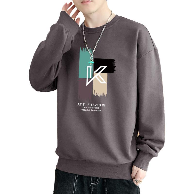 Men's Crew Neck Sweater T-Shirt Bottom Shirt Trend Loose Pullover Casual Autumn and Winter Fleece Thickened Long Sleeves