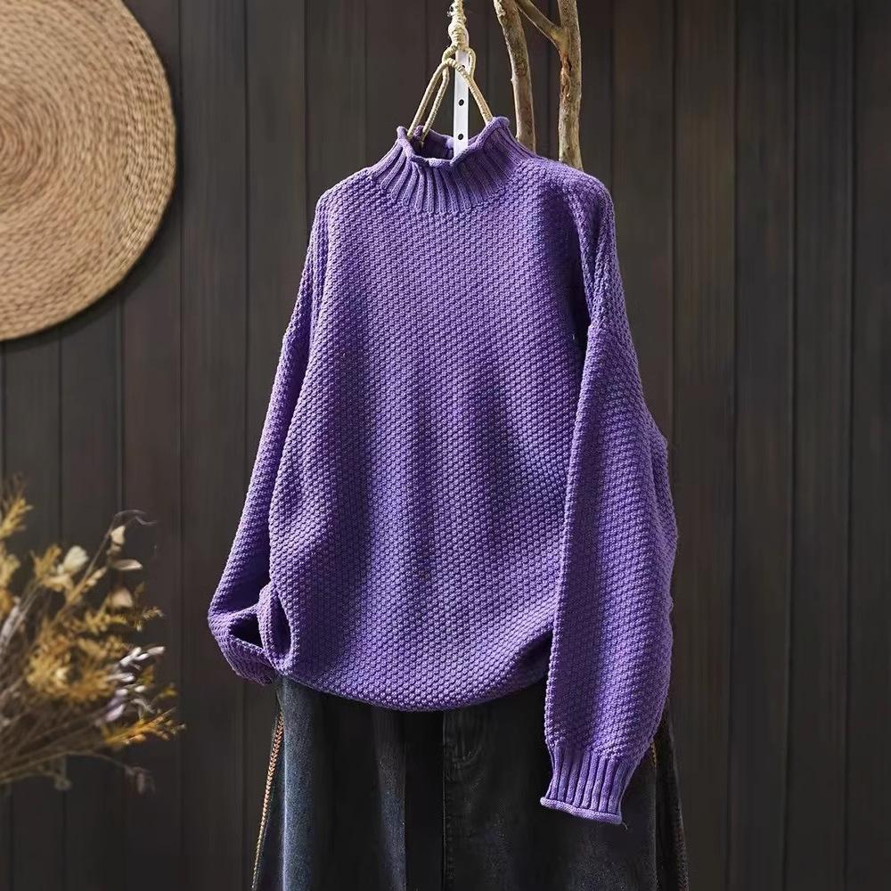 

Осенне-зимний хлопковый свитер с полувысоким воротником, женский свободный большого размера, скрывающий недостатки фигуры, повседневный пуловер, вязаный нитью M