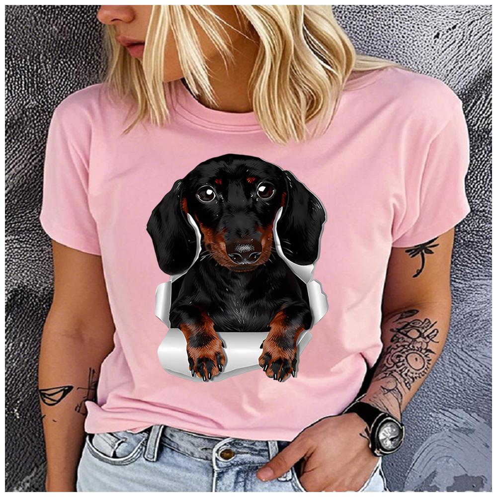 Cotton  Cute Dachshund Break Through Paper Graphic T Shirt Women Casual Pet Dog Print Short Sleeve Tee Gift For Dachshund