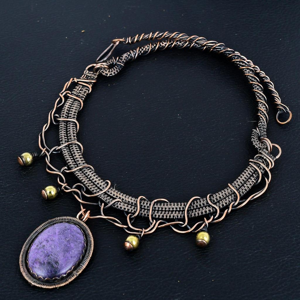 Purpurite 999 Copper Wire Wrapped Necklace, Handmade Gemstone Jewelry Necklace For Memorial Day