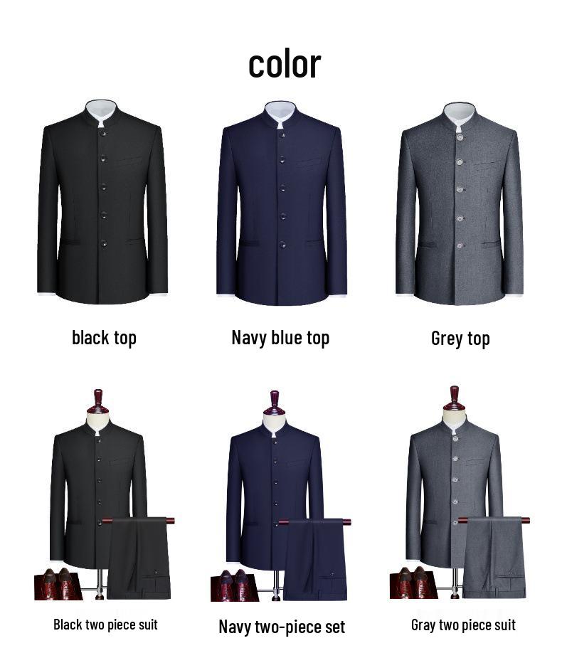 Men's Slim Fit Zhongshan Suit Set - Chinese Style Tuxedo with Stand-Up Collar, Four Seasons Wear