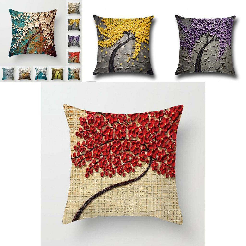 Elegant 3d Painted Tree Flowers Cotton Linen Cushion Cover For Home Decor