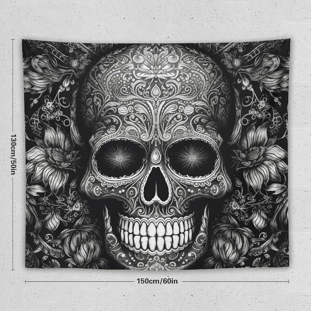 Wandbehang Schwarz-Weiß Totenkopfmuster Wandteppich für Schlafzimmer 50"x60" Vintage Wandteppiche Veranda Hängender Hintergrund Wandposter