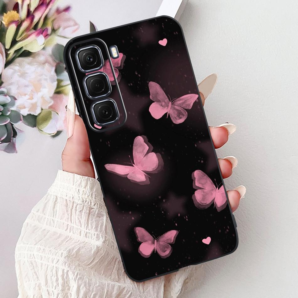 For Infinix Hot 50 4G Phone Case Hot 50 Pro+ 4G Hot50 Pro Elegant Floral Cat Pattern Black Silicone Soft TPU Cases