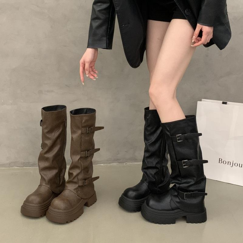 Thick-soled Pleated Belt Buckle Trouser Boots Women's 2025 New European and American Side Zipper But Knee Fashion Boots Knight Boots Tide