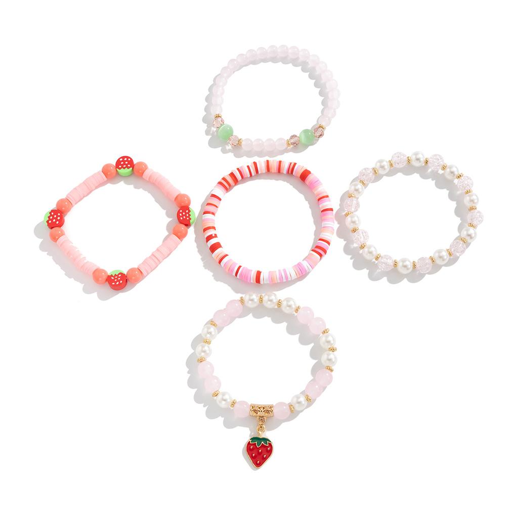 Sweet Wind Bow Strawberry Pendant Necklace, Creative Imitation Pearl Beaded Star Necklace For Women