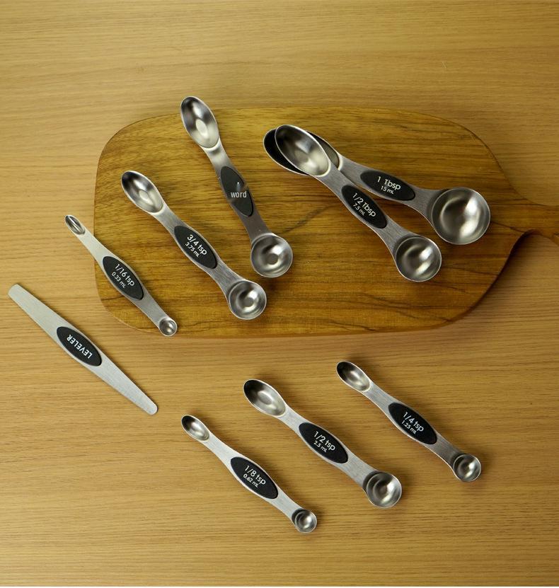 Stainless Steel Magnetic Measuring Spoons: 9-Piece Double-Ended Set for Baking & Seasoning in Home Kitchen