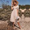 2024 Summer European & American Women's Cotton Linen V-Neck Dress with Buttoned Short Sleeves