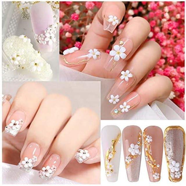 Pearl & Flower Nail Art Kit: 7-Grid Five-Petal Flowers & Mixed Sizes for DIY