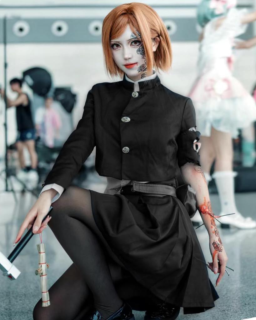 Kugisaki Nobara Cosplay Costume with Grade 3 Full Adult Perfect for School Festivals Nobara Wig Size [Excellent Quality] Wig, Sorcerer, Anime, Set,