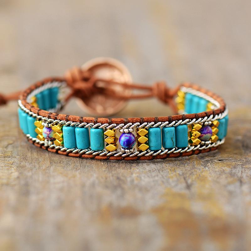 Bohemian Turquoise Bracelet, Handcrafted with Woven Leather Cord, a Cultural and Travel-themed Friendship Accessory.
