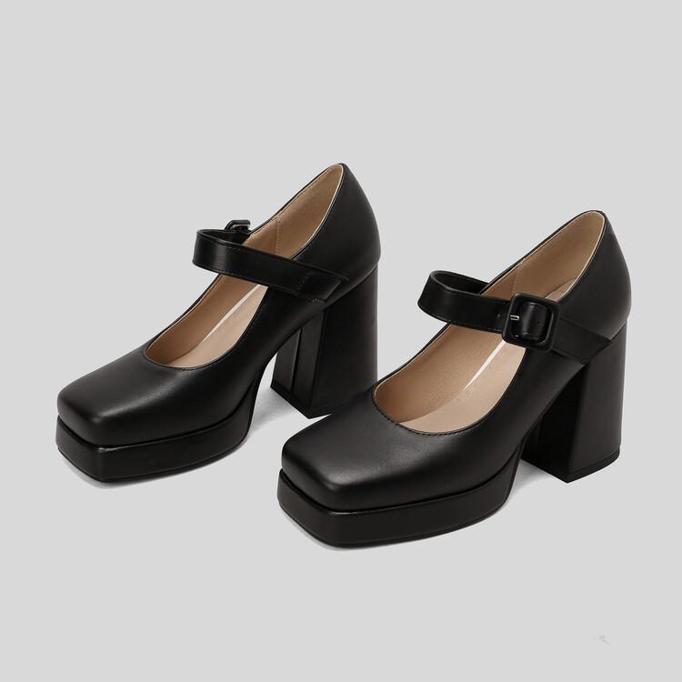 

Женские туфли-лодочки из искусственной кожи на платформе, на высоком каблуке с квадратным носком, с пряжкой Мэри Джейн, лаконичные вечерние весенне-осенние туфли черного цвета 33 чёрный
