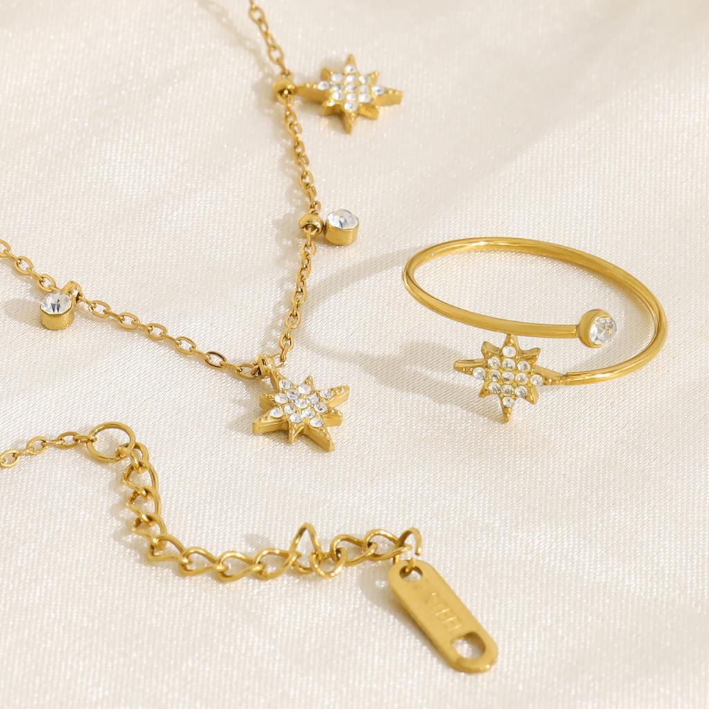 WILD & FREE Exquisite Crystal Star Charm Necklace Bracelet Ring Jewelry Set 18K Gold Plated Stainless Steel Jewelry for Women