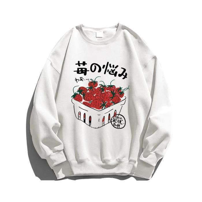 Guochaofeng strawberry Chinese character printing crew neck sweater women's velvet new couple pullover men's and women's same style